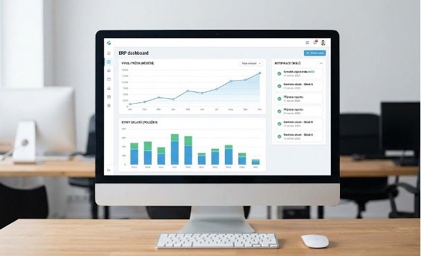Uživatelské rozhraní cloudového ERP systému s manažerskými přehledy.